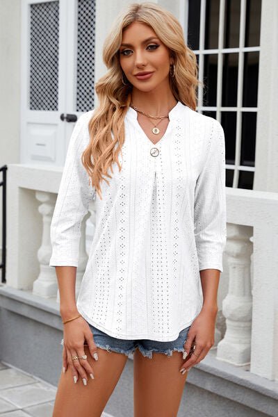 Eyelet Notched Knit Jacquard Top - Loulou Boutique
