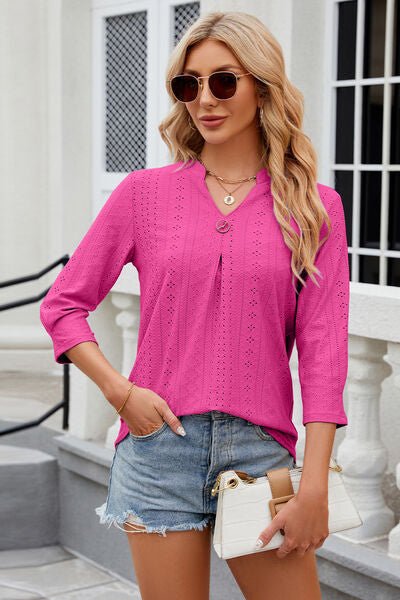 Eyelet Notched Knit Jacquard Top - Loulou Boutique