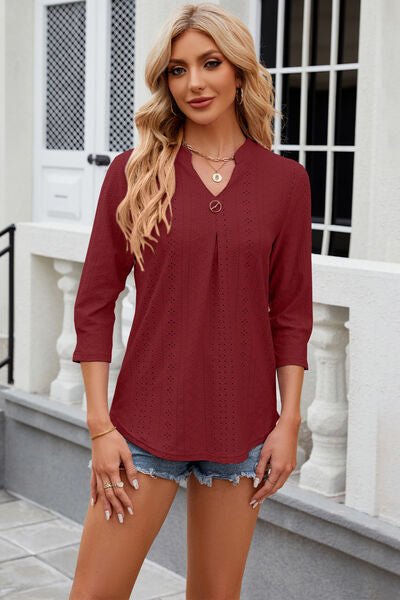 Eyelet Notched Knit Jacquard Top - Loulou Boutique