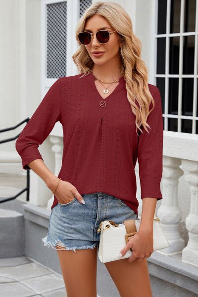 Eyelet Notched Knit Jacquard Top - Loulou Boutique