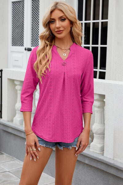Eyelet Notched Knit Jacquard Top - Loulou Boutique