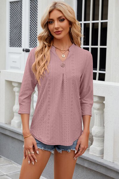 Eyelet Notched Knit Jacquard Top - Loulou Boutique