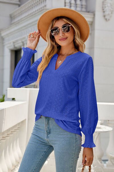 Eyelet Notched Lantern Sleeve T-Shirt - Loulou Boutique