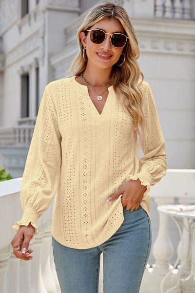 Eyelet Notched Lantern Sleeve T-Shirt - Loulou Boutique
