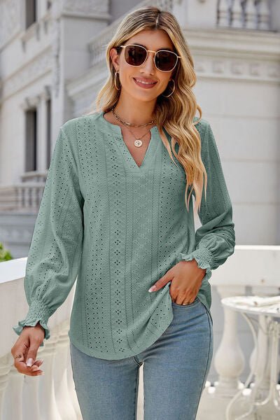 Eyelet Notched Lantern Sleeve T-Shirt - Loulou Boutique