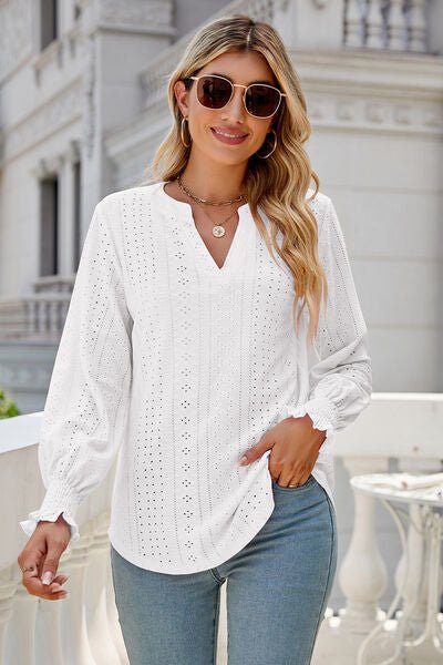 Eyelet Notched Lantern Sleeve T-Shirt - Loulou Boutique