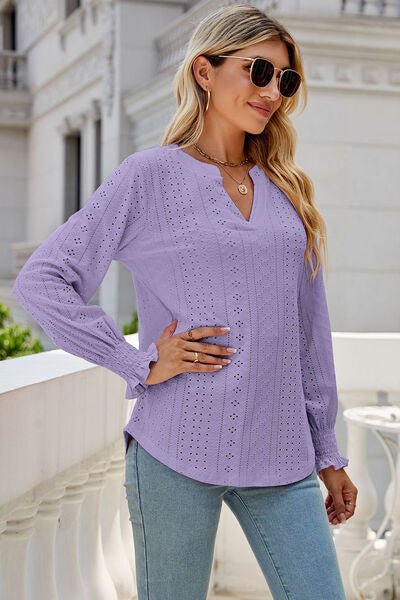 Eyelet Notched Lantern Sleeve T-Shirt - Loulou Boutique