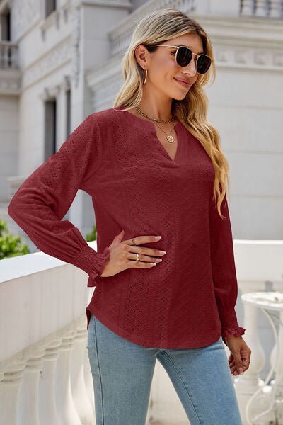 Eyelet Notched Lantern Sleeve T-Shirt - Loulou Boutique
