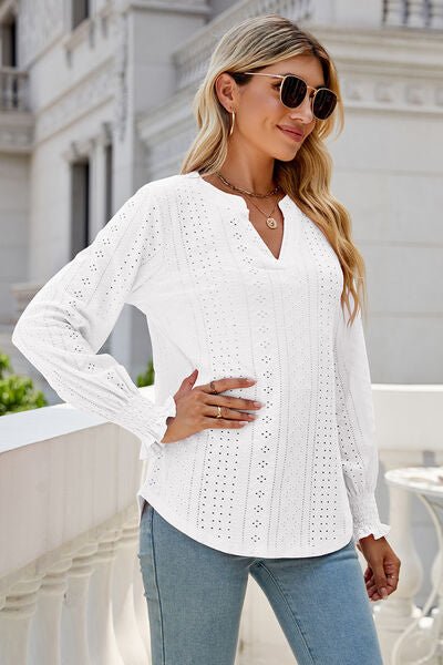 Eyelet Notched Lantern Sleeve T-Shirt - Loulou Boutique