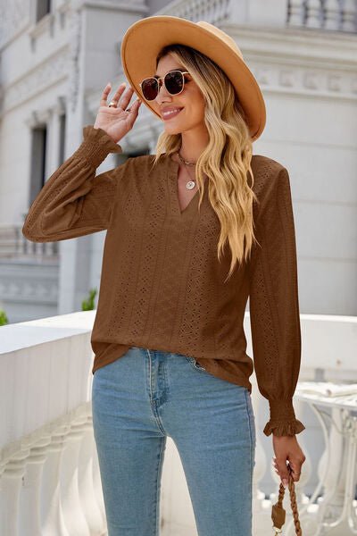 Eyelet Notched Lantern Sleeve T-Shirt - Loulou Boutique