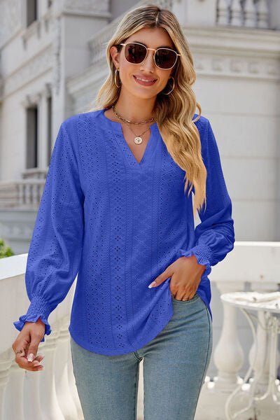 Eyelet Notched Lantern Sleeve T-Shirt - Loulou Boutique