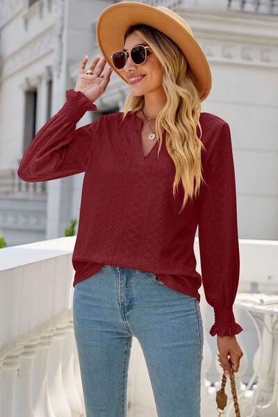 Eyelet Notched Lantern Sleeve T-Shirt - Loulou Boutique