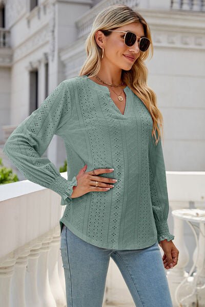 Eyelet Notched Lantern Sleeve T-Shirt - Loulou Boutique