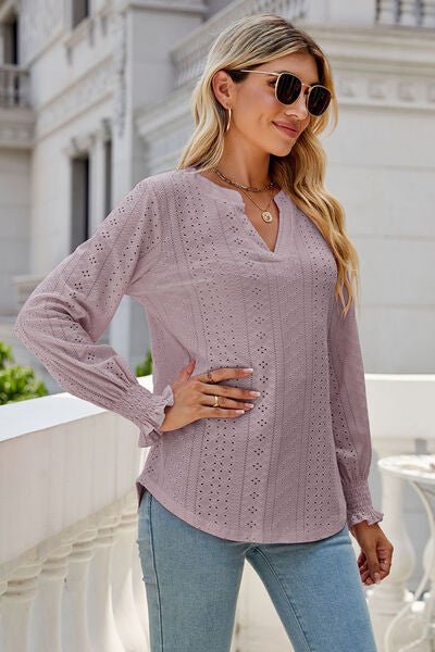 Eyelet Notched Lantern Sleeve T-Shirt - Loulou Boutique