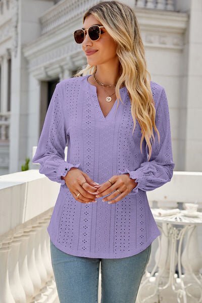 Eyelet Notched Lantern Sleeve T-Shirt - Loulou Boutique
