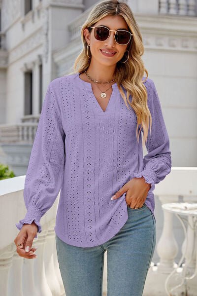 Eyelet Notched Lantern Sleeve T-Shirt - Loulou Boutique