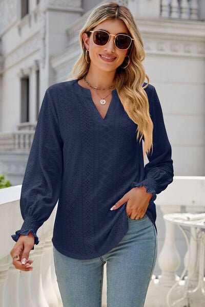 Eyelet Notched Lantern Sleeve T-Shirt - Loulou Boutique