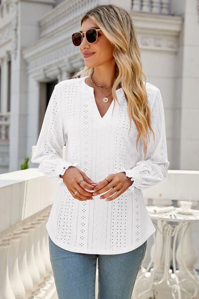Eyelet Notched Lantern Sleeve T-Shirt - Loulou Boutique