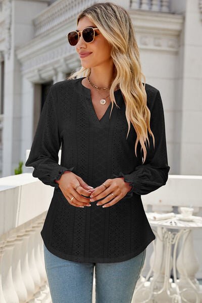Eyelet Notched Lantern Sleeve T-Shirt - Loulou Boutique