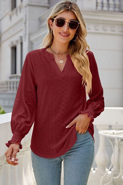 Eyelet Notched Lantern Sleeve T-Shirt - Loulou Boutique
