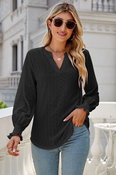 Eyelet Notched Lantern Sleeve T-Shirt - Loulou Boutique