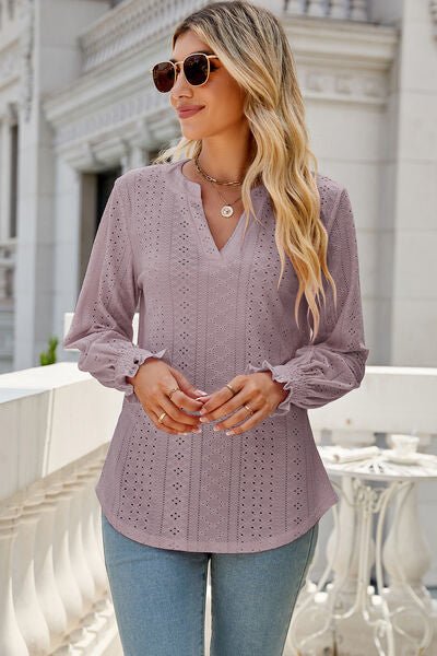 Eyelet Notched Lantern Sleeve T-Shirt - Loulou Boutique