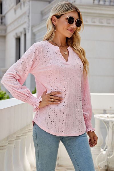 Eyelet Notched Lantern Sleeve T-Shirt - Loulou Boutique