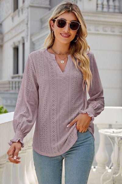 Eyelet Notched Lantern Sleeve T-Shirt - Loulou Boutique