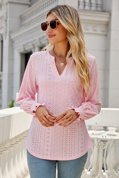 Eyelet Notched Lantern Sleeve T-Shirt - Loulou Boutique