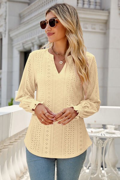 Eyelet Notched Lantern Sleeve T-Shirt - Loulou Boutique