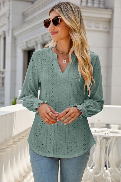 Eyelet Notched Lantern Sleeve T-Shirt - Loulou Boutique
