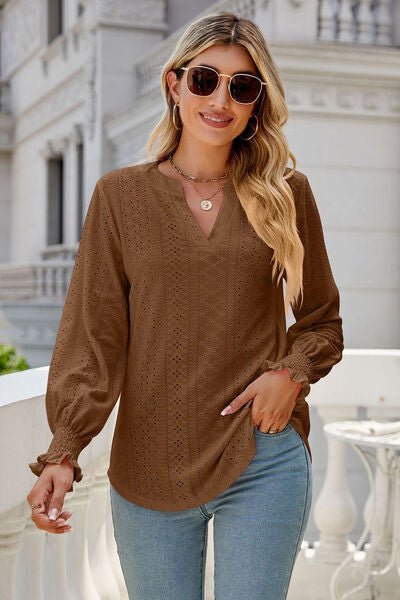 Eyelet Notched Lantern Sleeve T-Shirt - Loulou Boutique