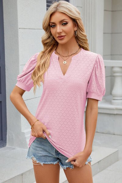 Eyelet Notched Puff Sleeve T-Shirt - Loulou Boutique