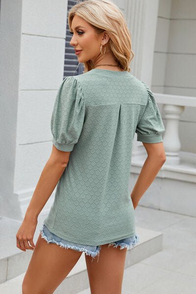 Eyelet Notched Puff Sleeve T-Shirt - Loulou Boutique
