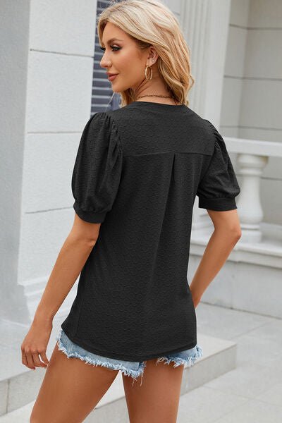 Eyelet Notched Puff Sleeve T-Shirt - Loulou Boutique