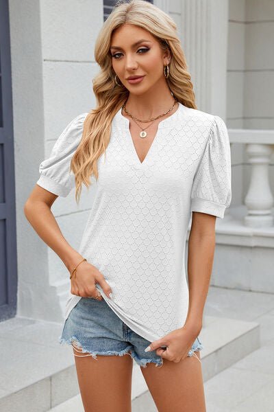 Eyelet Notched Puff Sleeve T-Shirt - Loulou Boutique