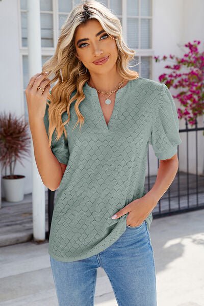 Eyelet Notched Puff Sleeve T-Shirt - Loulou Boutique