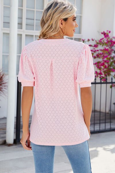 Eyelet Notched Puff Sleeve T-Shirt - Loulou Boutique