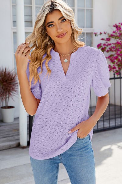 Eyelet Notched Puff Sleeve T-Shirt - Loulou Boutique