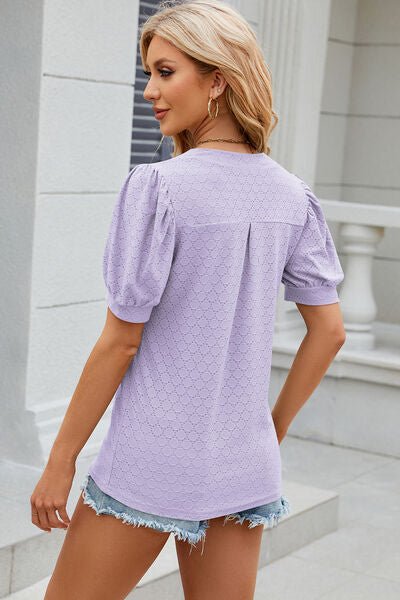 Eyelet Notched Puff Sleeve T-Shirt - Loulou Boutique
