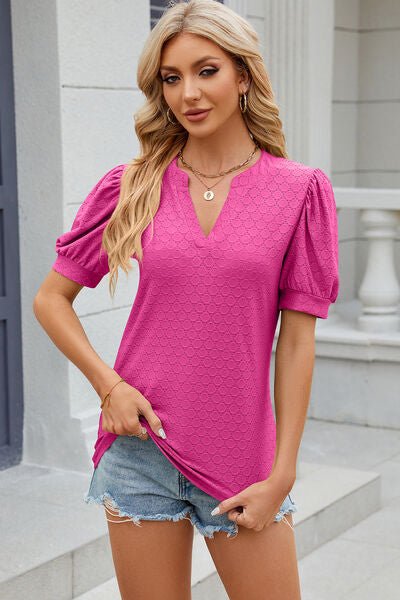 Eyelet Notched Puff Sleeve T-Shirt - Loulou Boutique