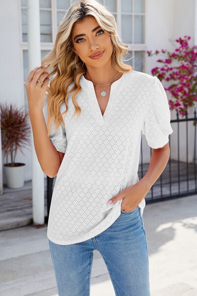 Eyelet Notched Puff Sleeve T-Shirt - Loulou Boutique