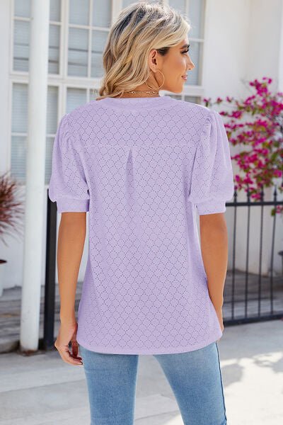 Eyelet Notched Puff Sleeve T-Shirt - Loulou Boutique