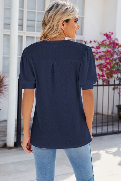 Eyelet Notched Puff Sleeve T-Shirt - Loulou Boutique