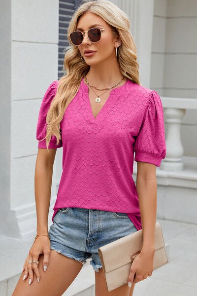 Eyelet Notched Puff Sleeve T-Shirt - Loulou Boutique
