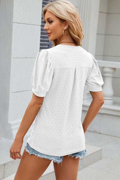 Eyelet Notched Puff Sleeve T-Shirt - Loulou Boutique