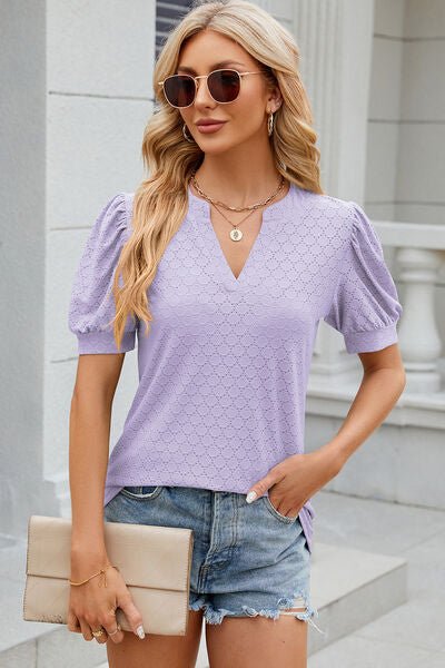 Eyelet Notched Puff Sleeve T-Shirt - Loulou Boutique