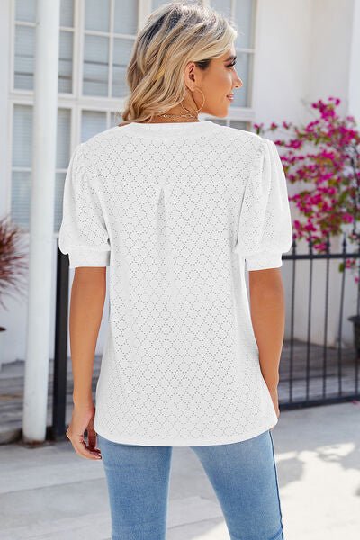 Eyelet Notched Puff Sleeve T-Shirt - Loulou Boutique