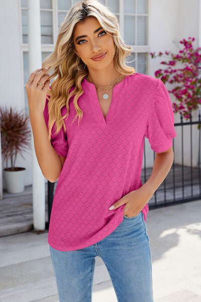 Eyelet Notched Puff Sleeve T-Shirt - Loulou Boutique