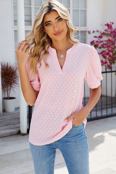 Eyelet Notched Puff Sleeve T-Shirt - Loulou Boutique